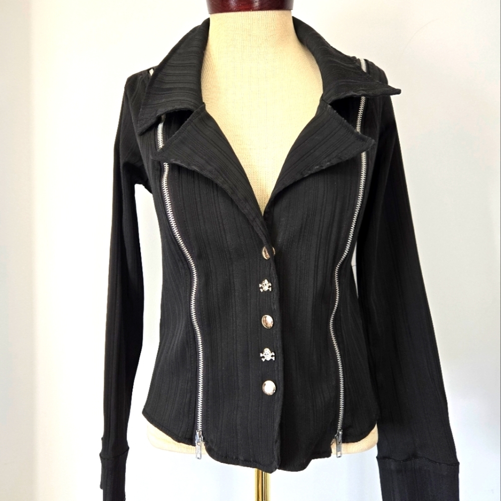 SWITCHBLADE STILETTO Black Zippered Jacket with Skull buttons. Size M
